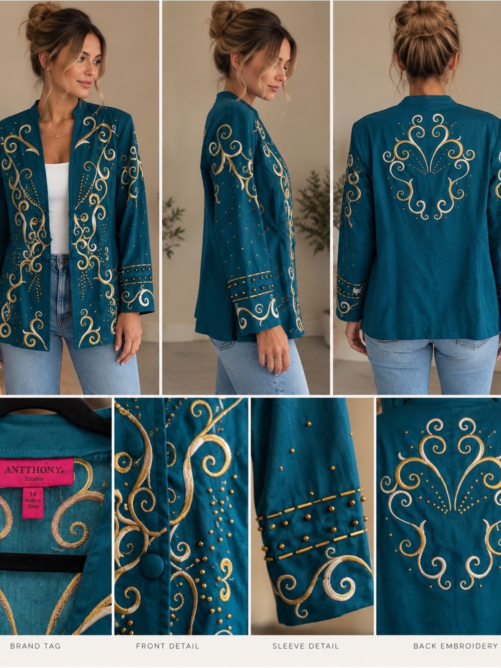 Studio Teal Jacket with Gold Embroidery